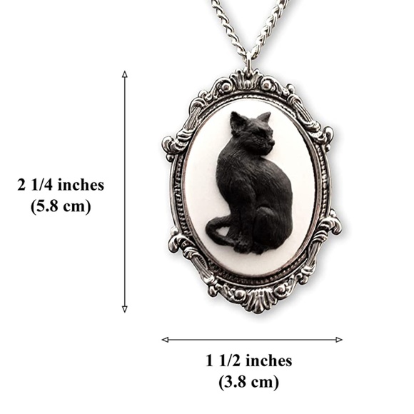 Black Cat Cameo In Fram Necklace in Silver Toned Frame 20" Chain by JPI Goth - Picture 2 of 4